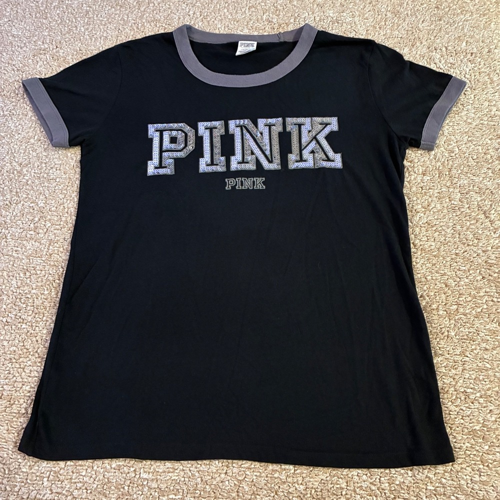 VS Pink Womens Ringer Tee Large Black Grey Bling Sequin Logo Short Sleeve Top